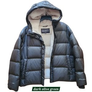 Eddie Bauer Dark Olive Green EB650 Sherpa Lined Hooded Down Puffer 2XL NWOT